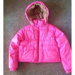 ANTHROPOLOGIE x PILCRO Cropped Hooded Puffer Jacket Size XXS Neon Pink New